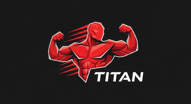 Red muscular man flexing arms, TITAN logo on black background