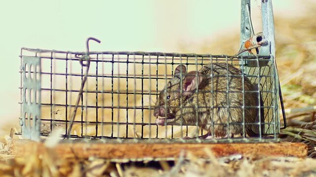 House Mouse Trapped in Mousetrap Struggling to Escape on Straw Bale in Field