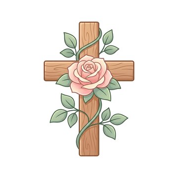 Wooden christian cross decorated with a beautiful blooming rose and leafy vines illustrating a symbol of faith and hope