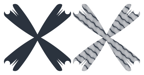 Two abstract X shapes, one solid dark, the other textured and striped, creating a striking visual contrast. © MDTUHIN