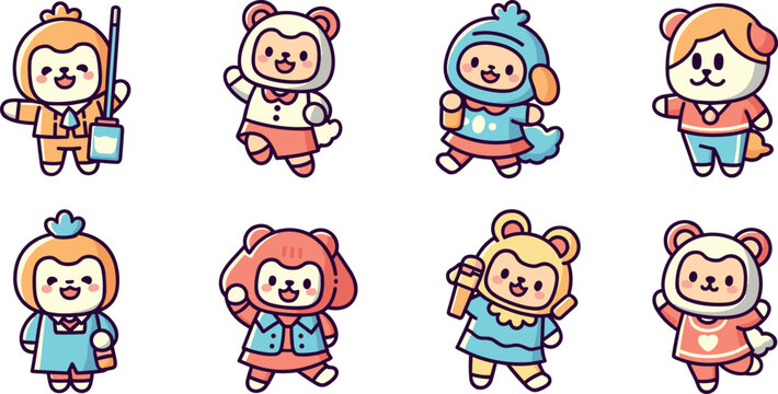Cute animal kids characters vector set with school outfits bear dog lion and bunny cartoon illustration collection