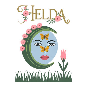 Whimsical crescent moon face with butterflies and flowers elda