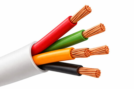 Industrial electrical power cable with red green yellow and black insulated copper conductors for wiring.