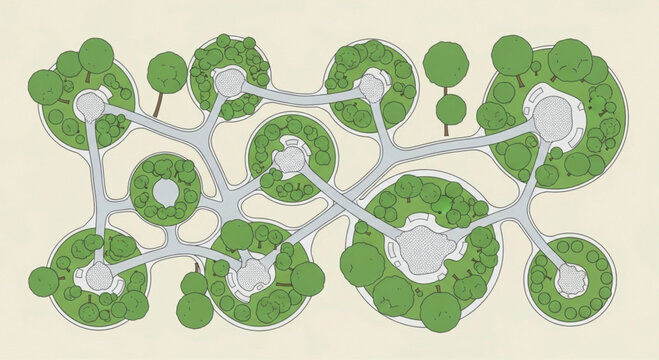 Sustainable eco-city master plan vector, green urban landscape design with interconnected forest pods, futuristic ecological architectural layout isolated PNG with Transparent Background