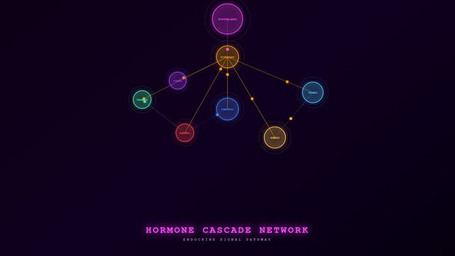 Exploring the intricate and interconnected human body systems, this digital visualization showcases the Biometric Data Flow within the endocrine signal pathway network.