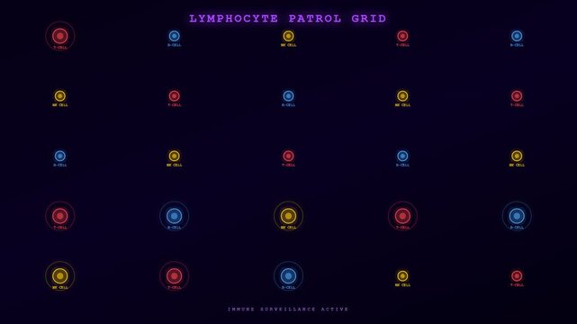 An intricate abstract Biometric Data Flow visualizes active immune system surveillance, displaying lymphocytes patrolling a glowing digital grid.
