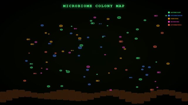 Advanced scientific simulation displays Biometric Data Flow of diverse gut microbiota populating a dark microscopic environment for health research.