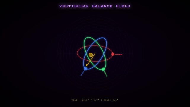 Visualizing the intricate biometric data flow, this dynamic 3D graphic display demonstrates vestibular balance and real-time spatial orientation using glowing neon lines in a dark high-tech interface.