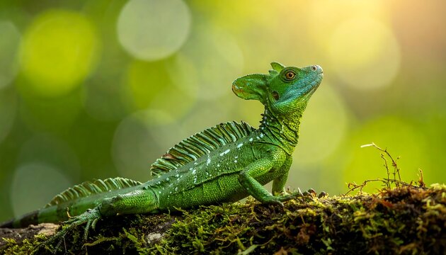 Emerald green basilisk lizard atop moss-covered branch, sun-kissed backdrop