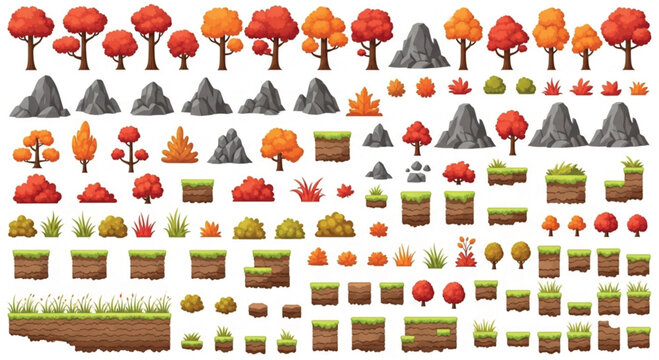 Autumn forest game assets vector set, cartoon fall trees and rocks collection, orange foliage nature elements for 2D platformer level design isolated PNG with Transparent Background