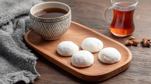 Kue Putri Salju or snow white cookies, traditional Indonesian round cookies covered with powdered sugar, sweet festive treats for Eid al-Fitr, Christmas, and family gatherings