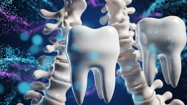 Dental anatomy and the human spine rendered in 3D with colorful background effects for medical or educational use