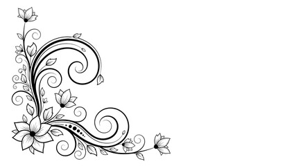 Fototapeta premium An intricate black and white floral corner border design featuring swirling vines and petals.