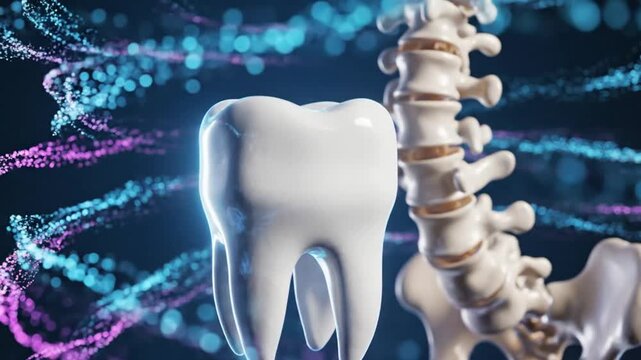 3D Render of a Tooth and Human Spine, Connected Concepts for Healthcare or Wellness.