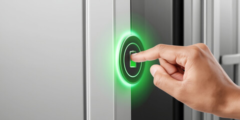 Naklejka premium Finger pressing illuminated biometric fingerprint scanner on metal door