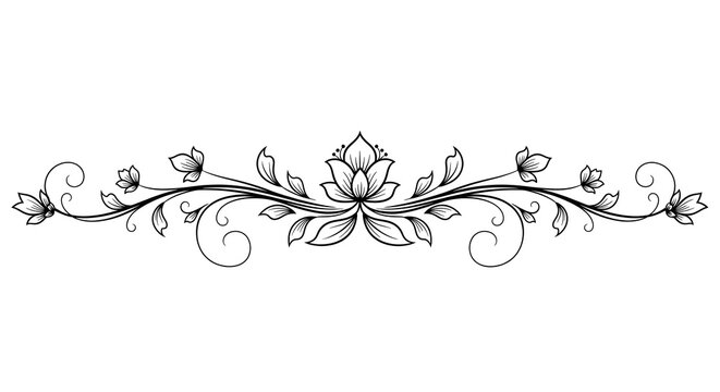 A delicate and symmetrical floral divider illustration featuring elegant scrolls and blooming buds