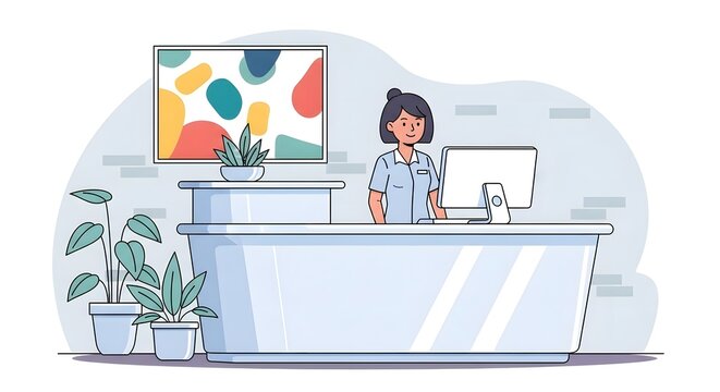 A friendly receptionist working at the front desk of a modern professional office environment