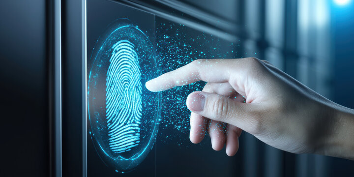 Futuristic biometric fingerprint scan unlocking secure access with glowing blue digital particles