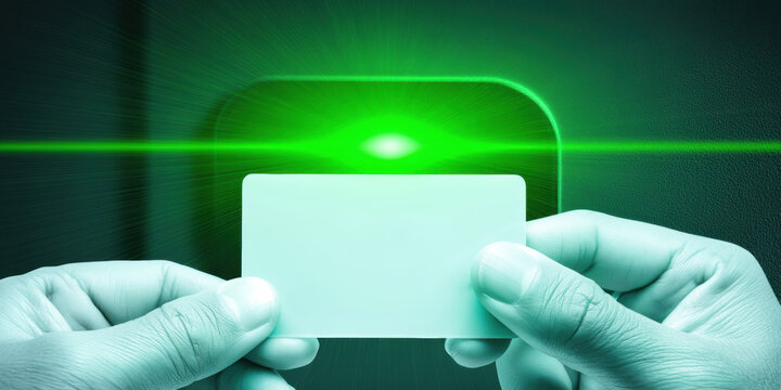 Access control card held by hands at reader with green light, secure access emotion