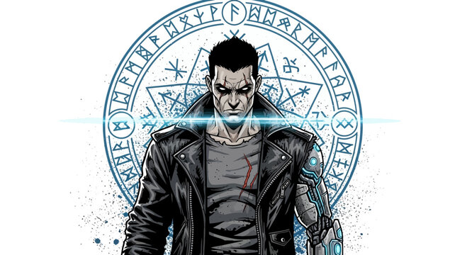 Cyberpunk Man with Robotic Arm and Mystic Circle