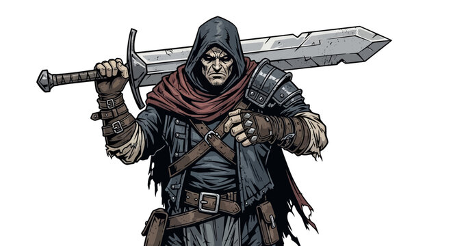 Dark Fantasy Warrior with Greatsword, Hooded Figure, Medieval Soldier, RPG Character