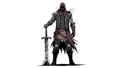 Fototapeta premium Fantasy Warrior with Sword, Hooded Figure, Dark Art Style