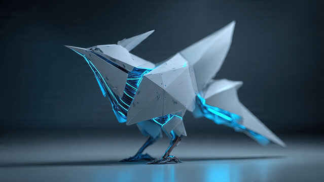 Geometric low-poly chrome robotic bird with glowing blue neon edge lines standing on reflective surface against dark gray studio background