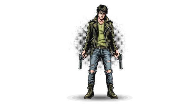 Man with two guns, ripped jeans, leather jacket, standing, ready to fight