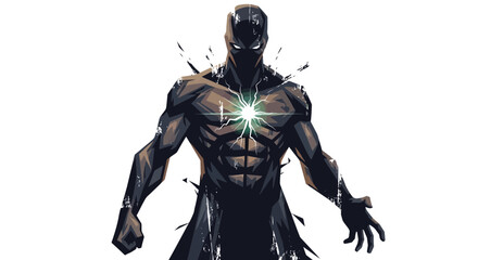 Fototapeta premium Mysterious superhero with glowing chest energy, dark suit, powerful stance
