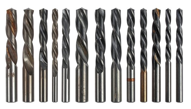 A collection of metal drill bits with spiral designs