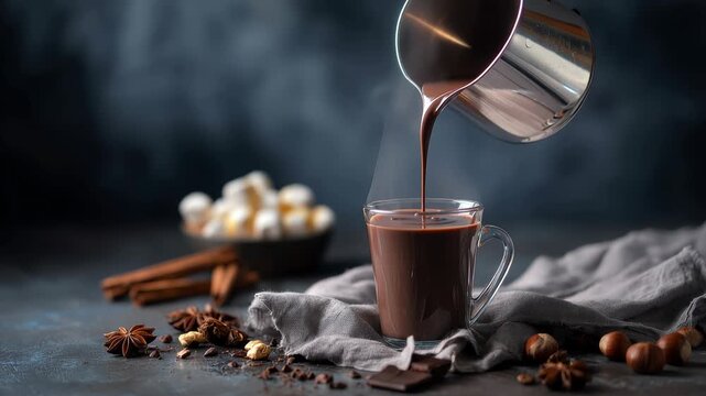 Pouring hot chocolate into a glass mug, marshmallows, cinnamon sticks, and nuts on table.