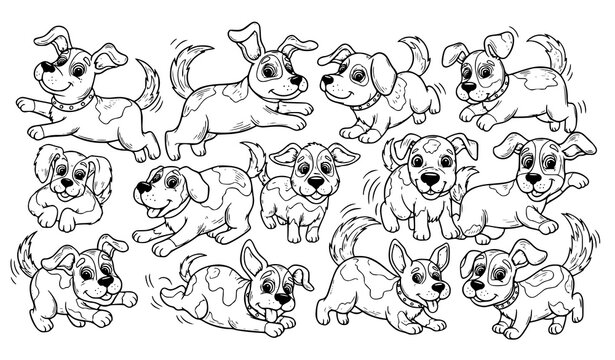 A black and white illustration of multiple cartoon dogs in various playful poses