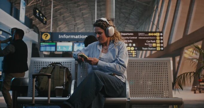 Woman Removes Large Headphones, Grabs Backpack and Suitcase, and Heads Toward Departure Gate. Concept of Transition From Waiting to Traveling, Excitement of Starting Journey in Modern Airport.