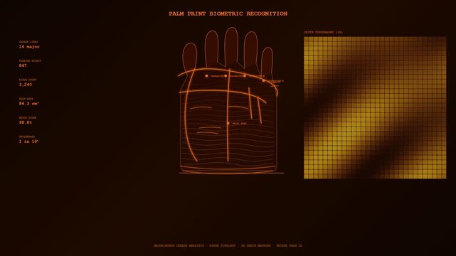 Advanced palm print recognition software performs Biometric Data Integration for high-security identification, meticulously analyzing unique hand features and 3D depth topography.
