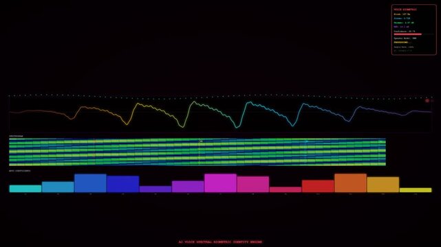 Advanced voice recognition technology visualizes Biometric Data Integration on a dark digital interface, showcasing real time spectral analysis and security.