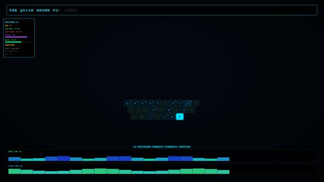 Analyzing keystroke patterns on a futuristic interface, Biometric Data Integration is demonstrated for secure user authentication and digital identity verification.