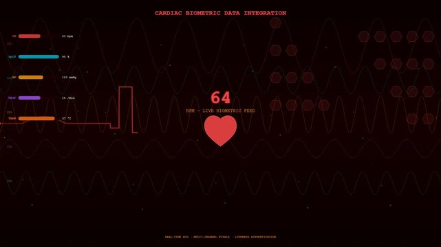 A sophisticated Biometric Data Integration system provides real-time health statistics on a futuristic digital display, illustrating heart rate changes and critical measurements for medical analysis.