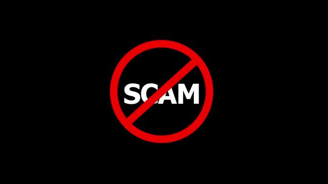 No Scam Prohibition Sign Animation. 4K Safety Warning Symbol, Caution Alert & Compliance on Black Background and features 4k Motion graphics