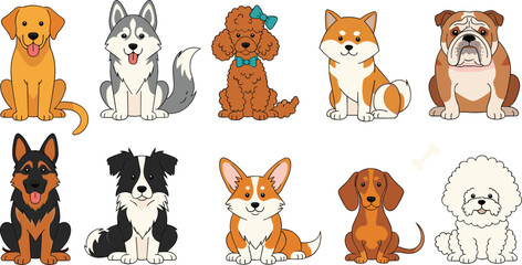 File ID(s): 1973018532 - Original name(s): Untitled-1Large set of cute cartoon dog breeds including husky bulldog corgi poodle and golden retriever isolated on white background vector.eps  © MdSohel
