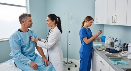 Obraz premium Medical examination in clinic with doctors and nurses.