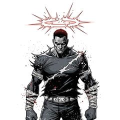 Obraz premium Intense Superhero Portrait with Spiky Outfit and Fiery Halo