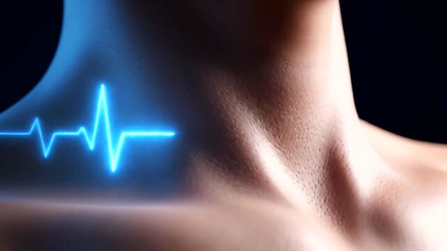 Closeup of a human neck with a glowing blue electrocardiogram line representing a heartbeat.