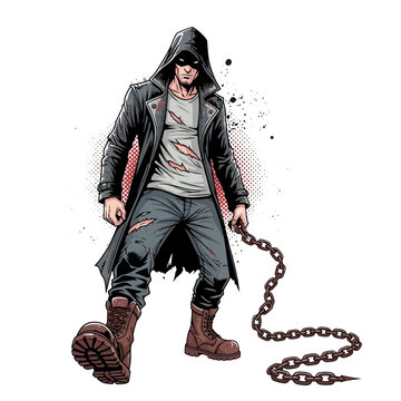 Mysterious hooded man with chain, dark trench coat, ripped clothes, gritty urban style