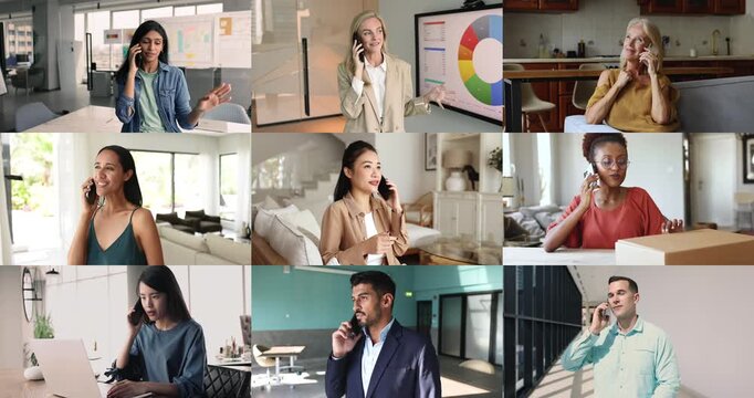 Various younger and older men and women of different races and occupations talking on mobile phone at home and office. Businesspeople, customers, retiree speaking on cellphone