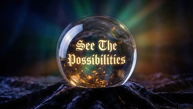 A mystical crystal ball inscribed with 'See The Possibilities' glows, offering visions of the future