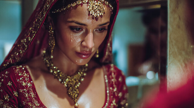 &ldquo;Emotional Indian bride with tears, close-up portrait in traditional wedding attire, cinematic realism&rdquo;