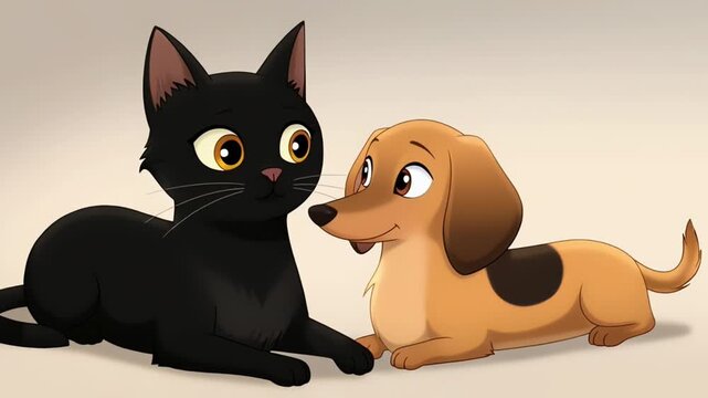 Cute animated black cat and brown dog lying together, animal friendship