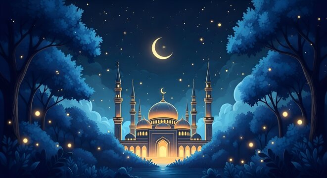 Isolated papercut art for muslim holidays. Vector poster design with eid mubarak text meaning Blessed Festive and crescent, mosque ornament. Greeting card or banner for Bakra, Eid Al Adha. IslamIsola