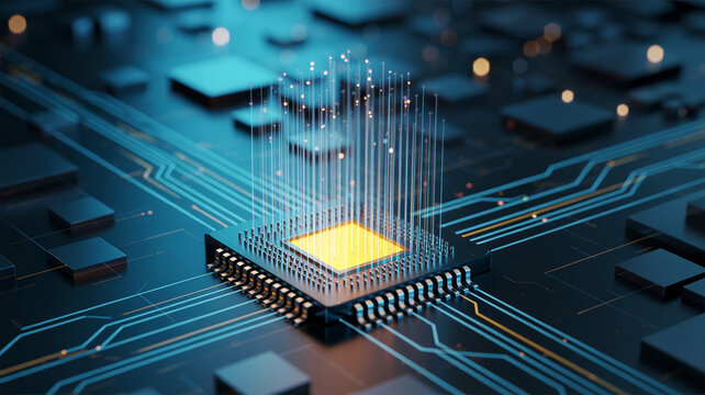 Abstract computer processor on circuit board with glowing light rays and digital data transmission.