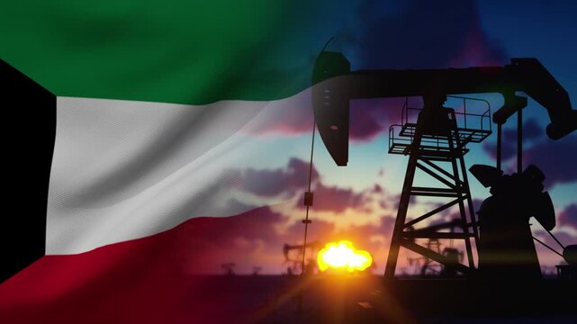 Kuwaiti flag waving over oil pump jack extraction industry video motion